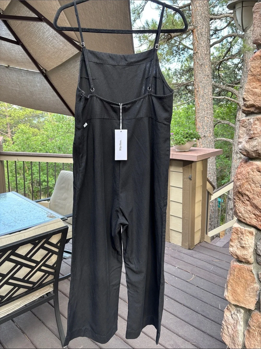 NEW! Rhythm. 12L Black Wide-Leg Linen Spaghetti-Strap Classic Jumpsuit Overalls - Picture 4 of 17